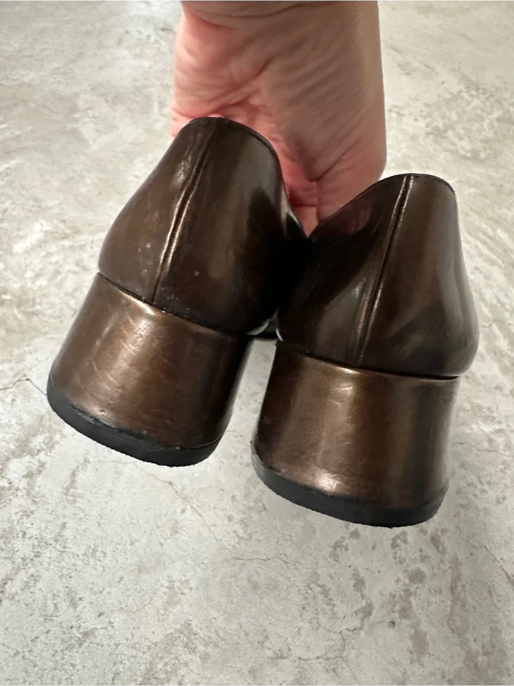 90’s Vintage Prada loafers 38 copper brown block heel square toe silver hardware